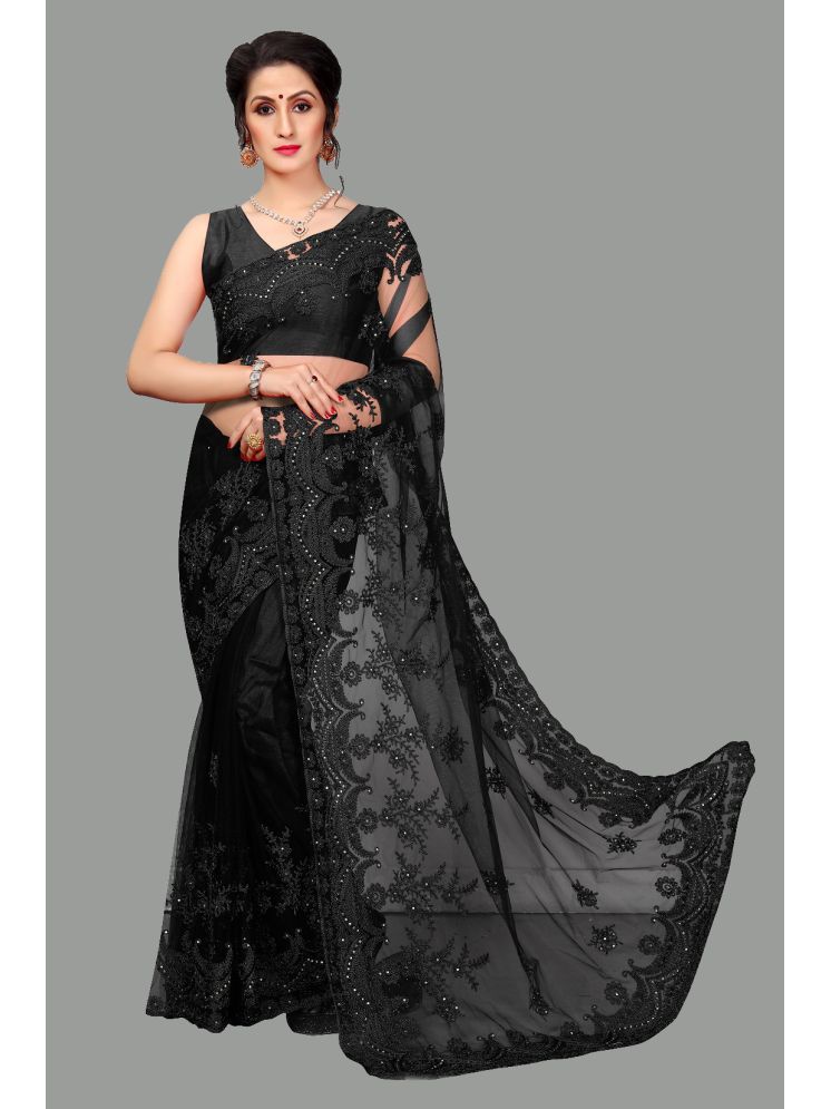     			Lady Shopi Net Embroidered Saree With Blouse Piece - Black ( Pack of 1 )