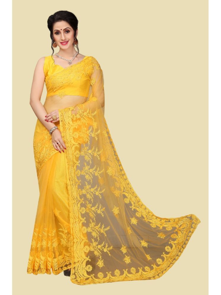     			Lady Shopi Net Embroidered Saree With Blouse Piece - Yellow ( Pack of 1 )