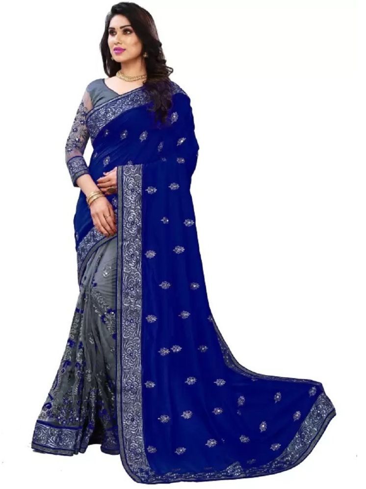     			Lady Shopi Silk Embellished Saree With Blouse Piece - Blue ( Pack of 1 )