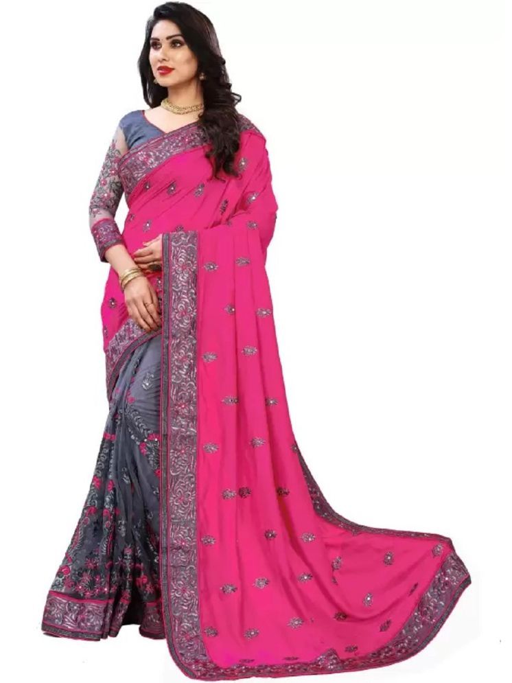     			Lady Shopi Silk Embellished Saree With Blouse Piece - Pink ( Pack of 1 )