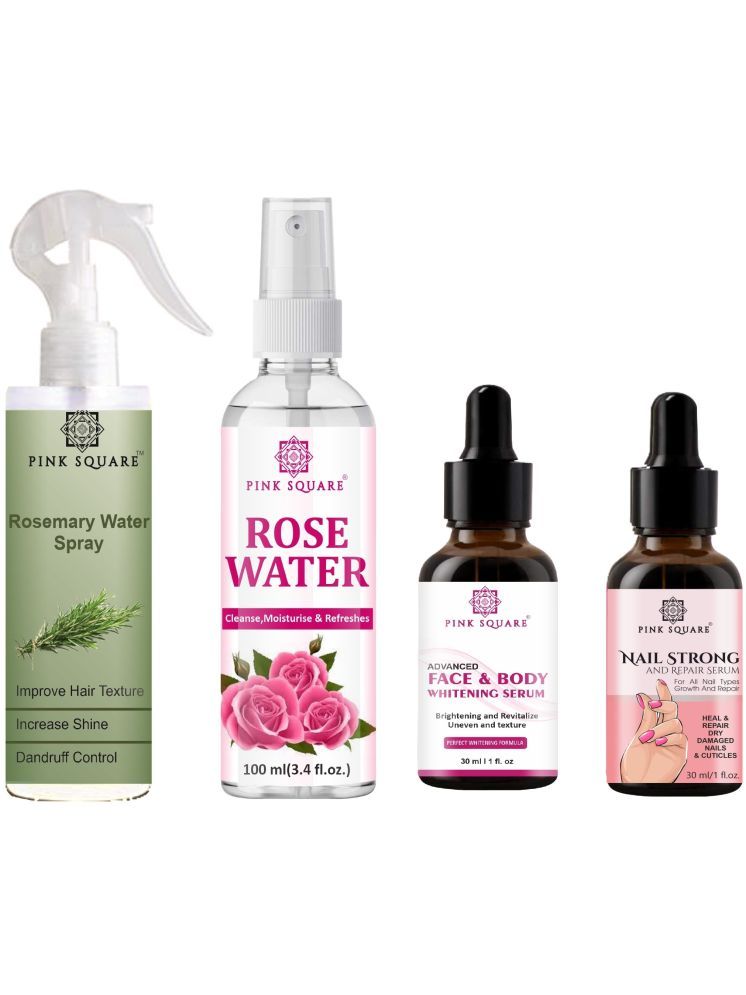     			Rosemary Water Hair Spray 100ml, Hydrating Fresh Rose water 100ml, Face and Body Whitening Serum 30ml & Nail Strong Serum 30ml Combo 4