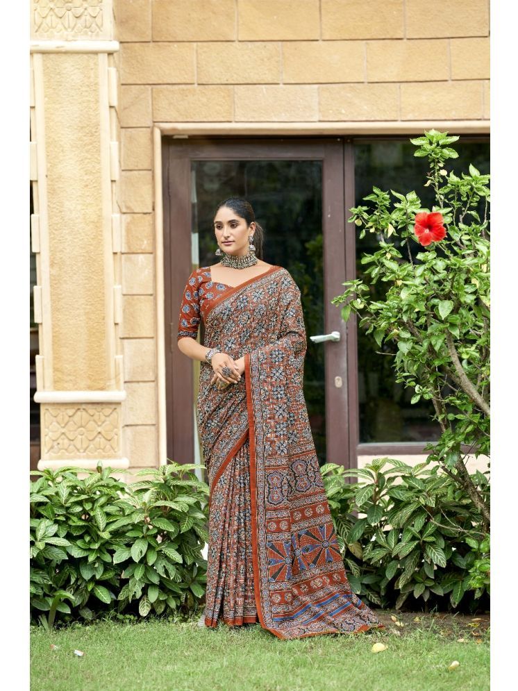     			Vividvibe Cotton Printed Saree With Blouse Piece - Rust ( Pack of 1 )