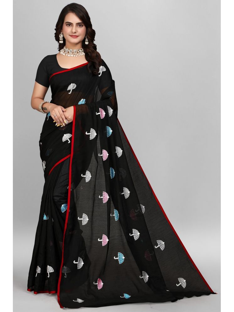     			Apnisha Chanderi Embroidered Saree With Blouse Piece - Black ( Pack of 1 )