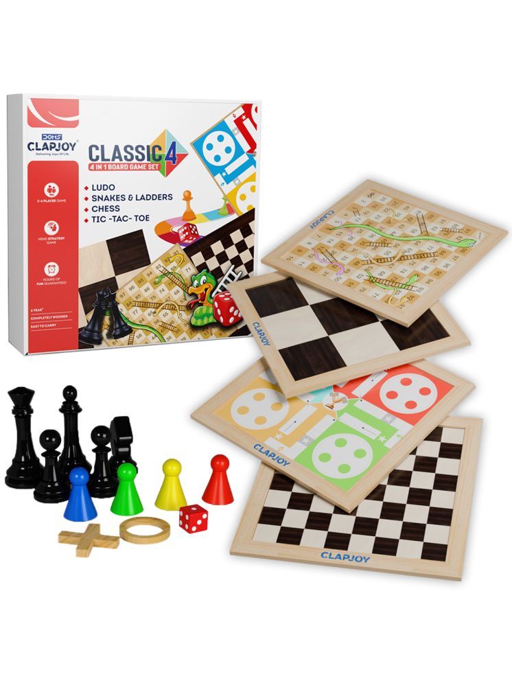     			Clapjoy Wooden 4 in 1 Board Game for Kids & Adults| Ludo & Chess |Snake Ladder & Tic Tac Toe| Size 14 x 14 inch | Ideal for Parties, Fun, and Family Game Nights