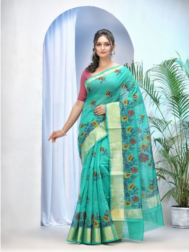     			Desh Bidesh Cotton Silk Printed Saree With Blouse Piece - Turquoise ( Pack of 1 )