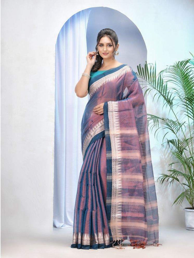     			Desh Bidesh Cotton Silk Striped Saree With Blouse Piece - Blue ( Pack of 1 )