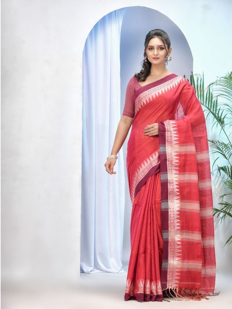     			Desh Bidesh Cotton Silk Striped Saree With Blouse Piece - Red ( Pack of 1 )