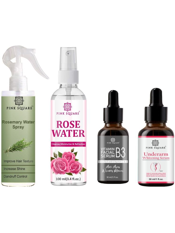     			Rosemary Water Hair Spray 100ml, Hydrating Fresh Rose water 100ml, Vitamin-B3 Face Serum 30ml & Underarm Whitening Serum 30ml Combo 4