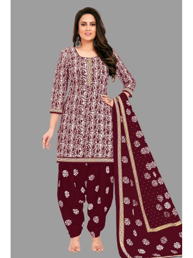     			SIMMU Cotton Printed Kurti With Patiala Women's Stitched Salwar Suit - Maroon ( Pack of 1 )