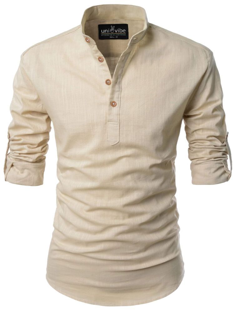     			UNI VIBE Beige Cotton Blend Men's Shirt Style Kurta ( Pack of 1 )