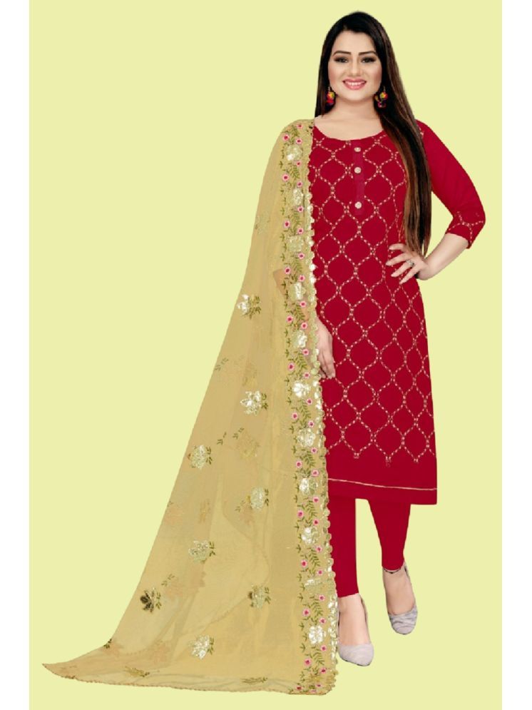     			Lady Shopi Unstitched Chanderi Embroidered Dress Material - Red ( Pack of 1 )