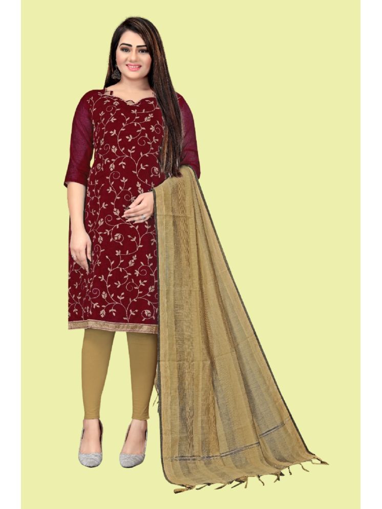     			Lady Shopi Unstitched Chanderi Embroidered Dress Material - Maroon ( Pack of 1 )