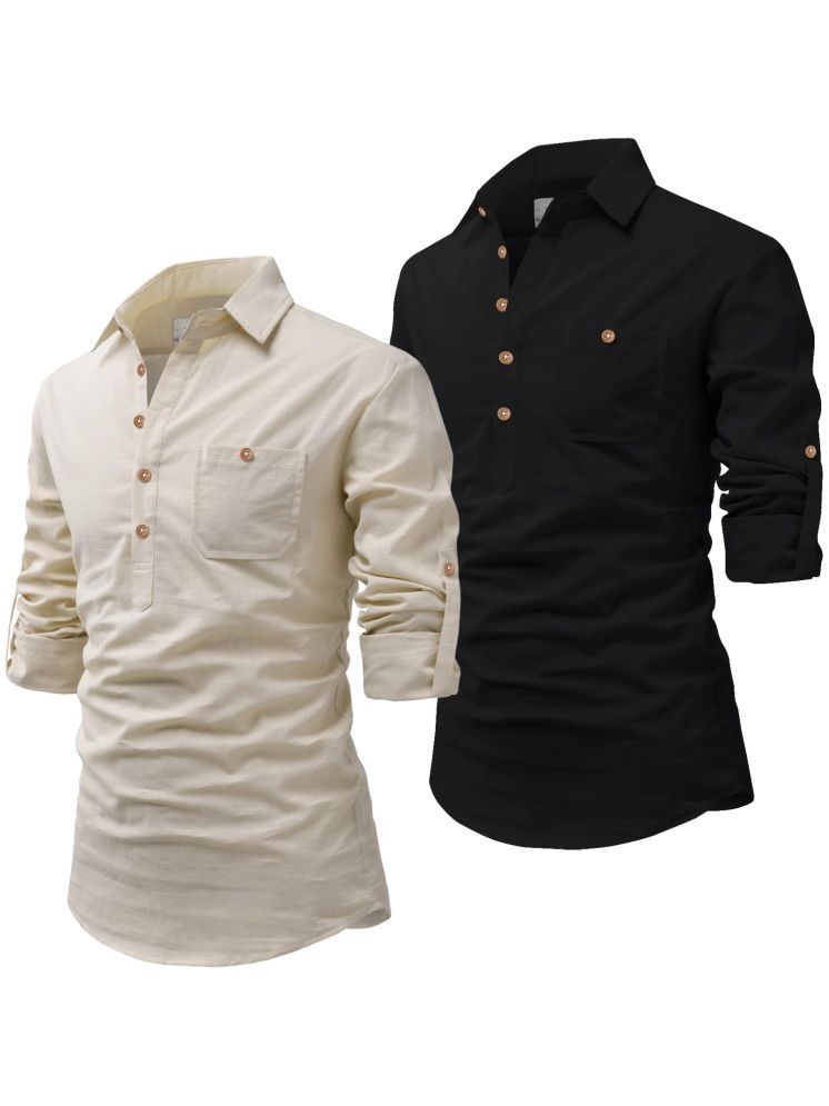     			UNI VIBE Beige Cotton Blend Men's Shirt Style Kurta ( Pack of 2 )