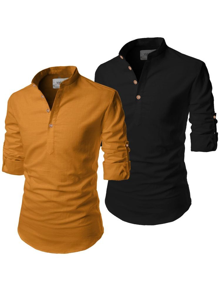     			UNI VIBE Yellow Cotton Blend Men's Shirt Style Kurta ( Pack of 2 )