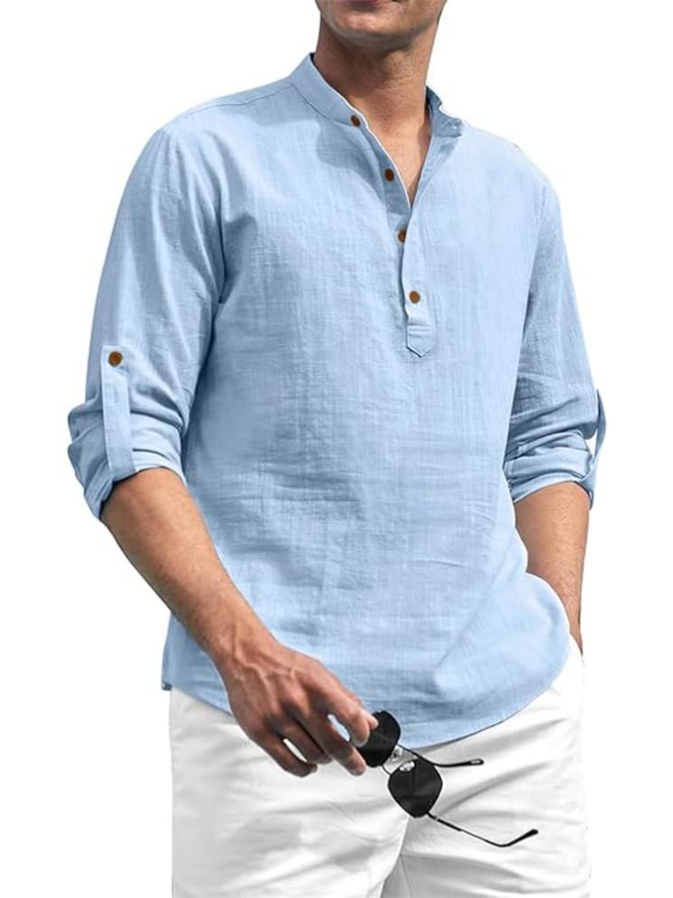     			TrendiVastra Light Blue Cotton Blend Men's Shirt Style Kurta ( Pack of 1 )