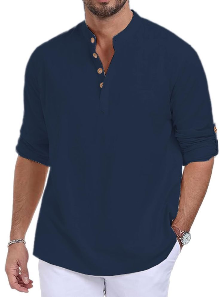     			TrendiVastra Navy Blue Cotton Blend Men's Shirt Style Kurta ( Pack of 1 )