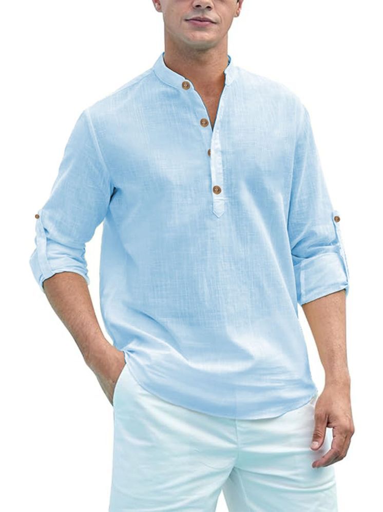     			TrendiVastra Sky Blue Cotton Blend Men's Shirt Style Kurta ( Pack of 1 )