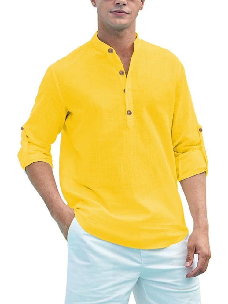     			TrendiVastra Yellow Cotton Blend Men's Shirt Style Kurta ( Pack of 1 )