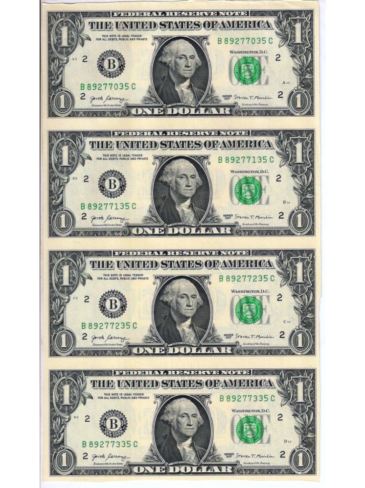     			Very Rare 1 Dollar U.S.A 4 UNC Notes Uncut Sheet