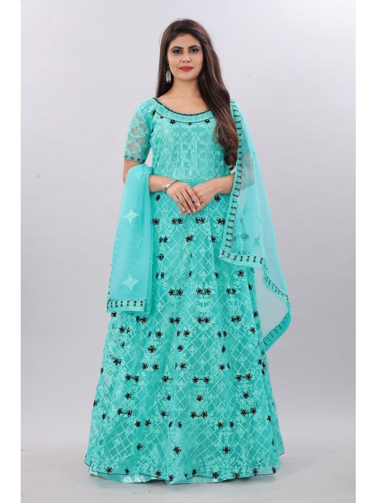     			Lady Shopi Turquoise Flared Net Women's Semi Stitched Ethnic Gown ( Pack of 1 )