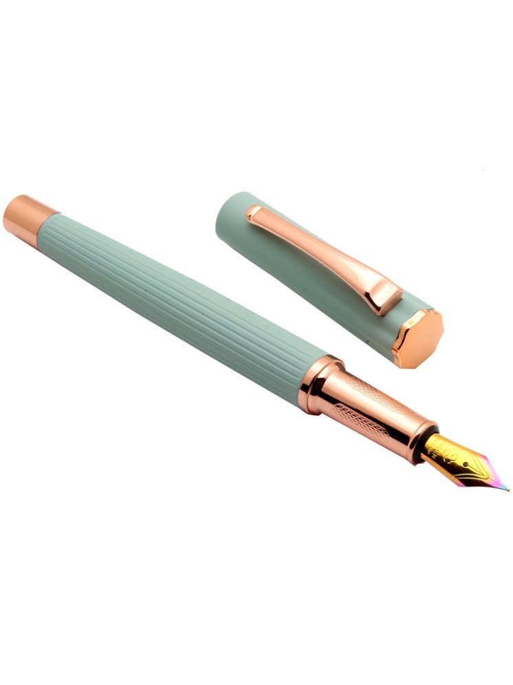     			Yiren 3979 Pista Green Velvet Rubber Finish Metal Body Fountain Pen Rainbow Colored Fine Nib & Rose Gold Trims