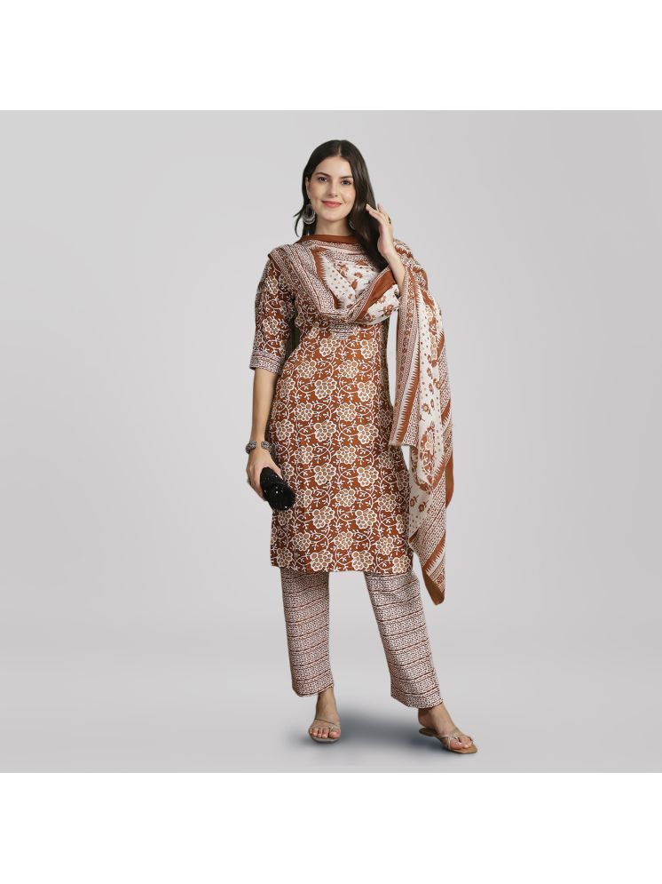     			1 Stop Fashion Cotton Printed Kurti With Pants Women's Stitched Salwar Suit - Brown ( Pack of 1 )