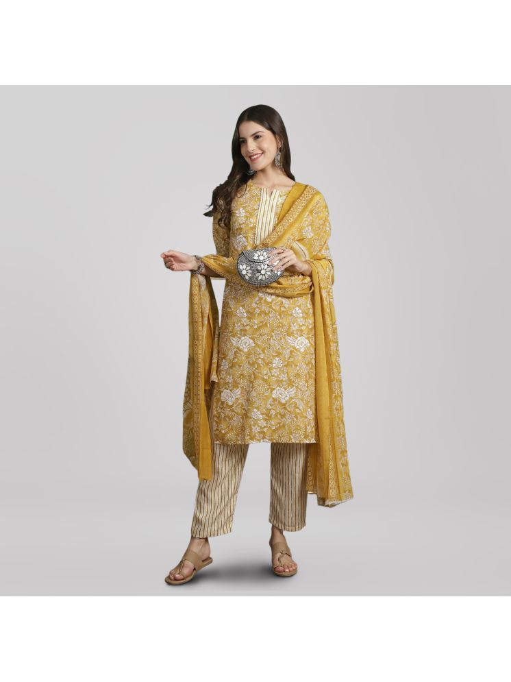     			Ethnic Basket Cotton Printed Kurti With Pants Women's Stitched Salwar Suit - Yellow ( Pack of 1 )