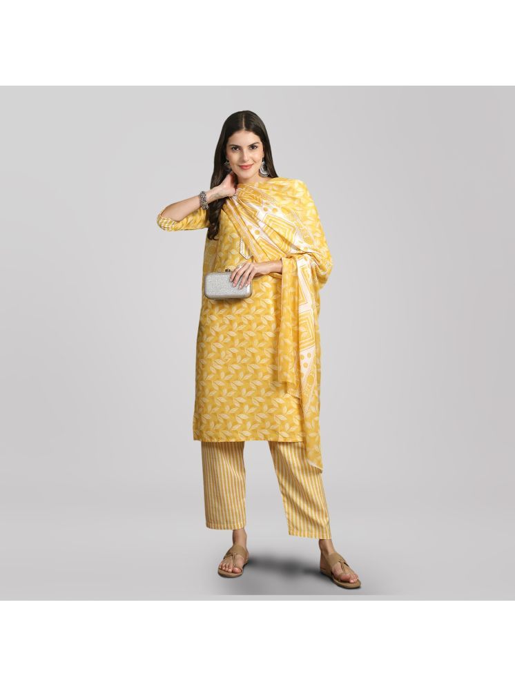     			Ethnic Basket Cotton Printed Kurti With Pants Women's Stitched Salwar Suit - Yellow ( Pack of 1 )