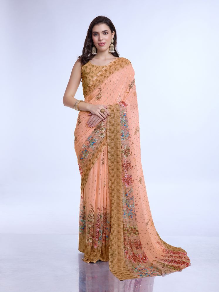     			Rekha Maniyar Chiffon Printed Saree With Blouse Piece - Peach ( Pack of 1 )