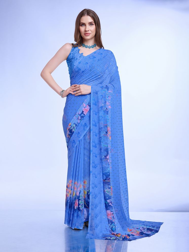     			Rekha Maniyar Chiffon Printed Saree With Blouse Piece - Blue ( Pack of 1 )