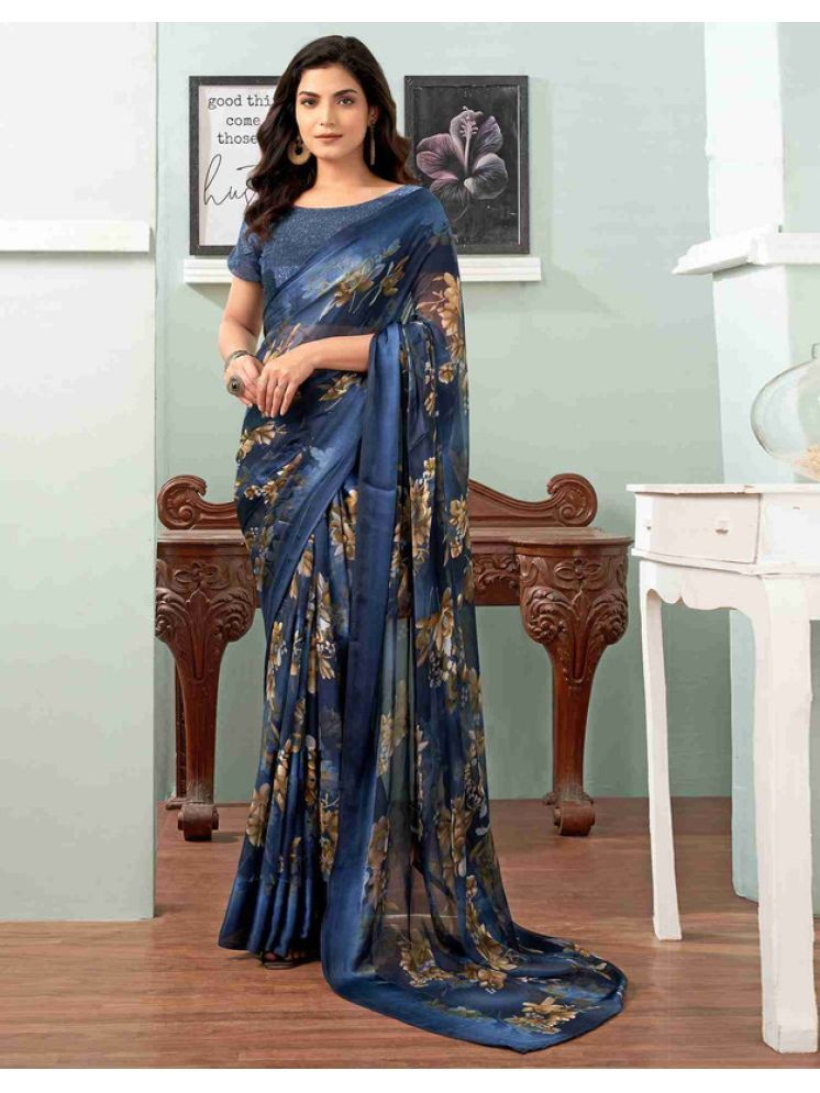     			Sanjana Silk Georgette Printed Saree With Blouse Piece - Navy Blue ( Pack of 1 )