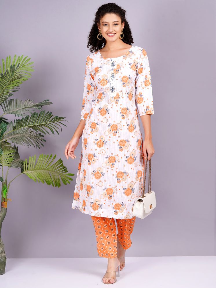     			HIGHLIGHT FASHION EXPORT Rayon Printed Kurti With Pants Women's Stitched Salwar Suit - Orange ( Pack of 1 )