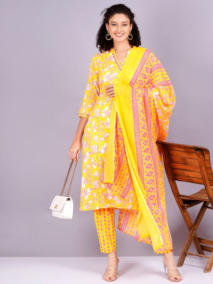     			JC4U Cotton Blend Printed Kurti With Pants Women's Stitched Salwar Suit - Yellow ( Pack of 1 )