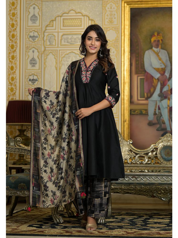     			Juniper Viscose Embroidered Kurti With Palazzo Women's Stitched Salwar Suit - Black ( Pack of 1 )