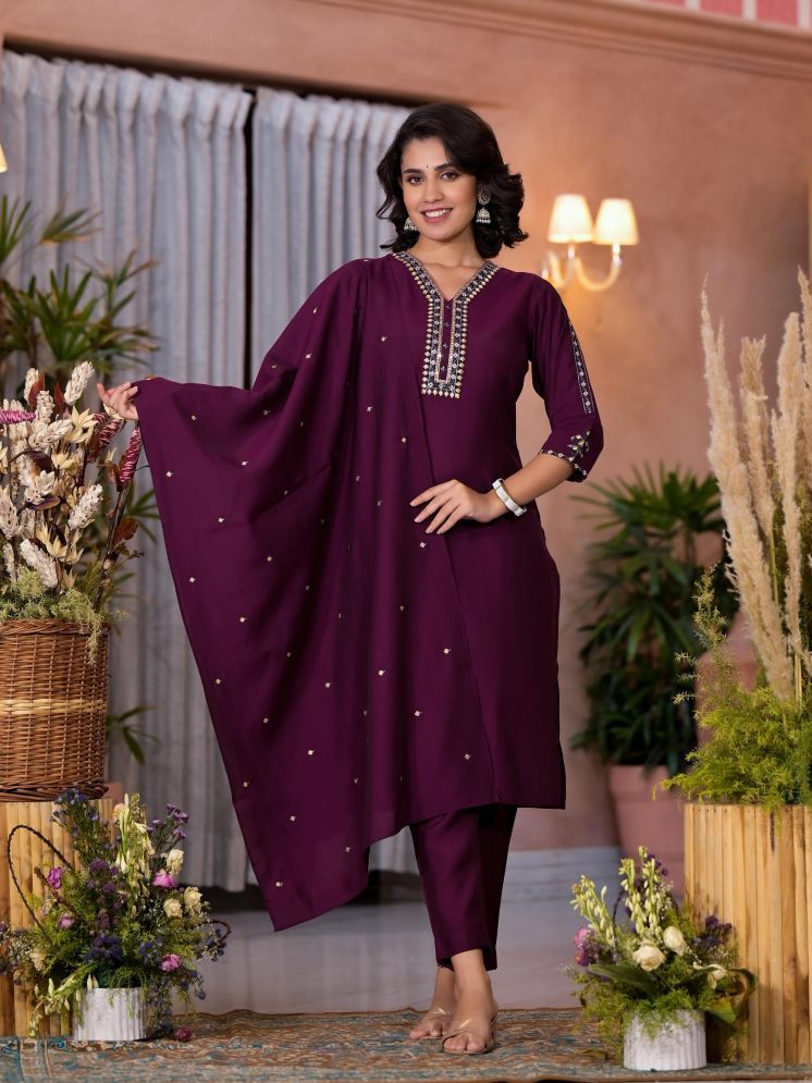     			Juniper Viscose Solid Kurti With Pants Women's Stitched Salwar Suit - Wine ( Pack of 1 )