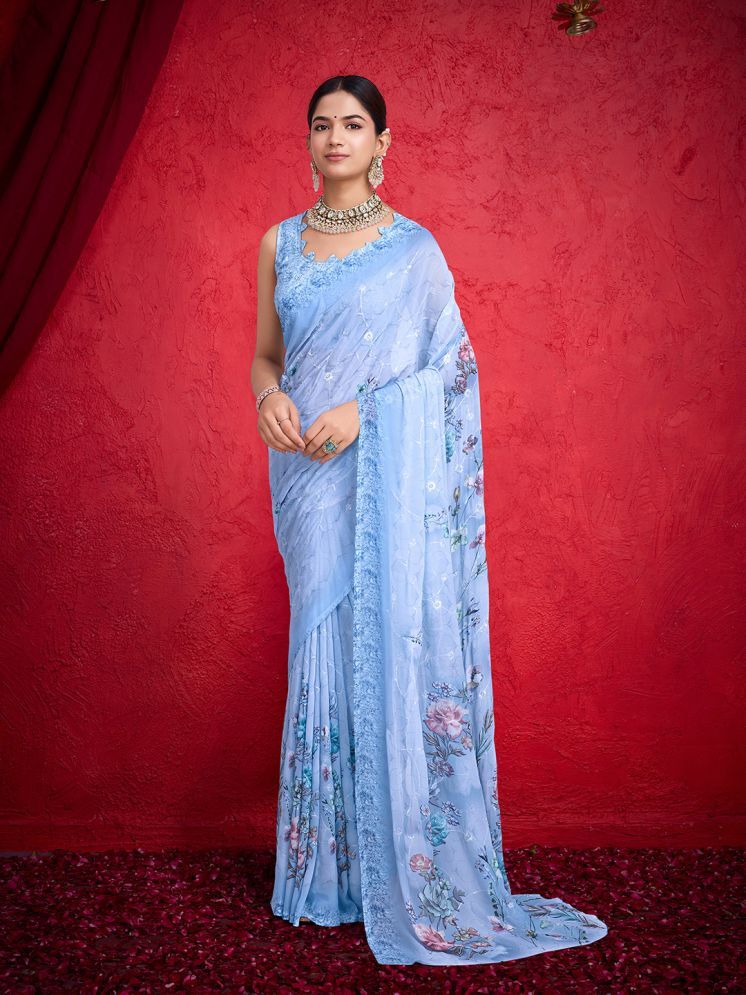     			Rekha Maniyar Chiffon Printed Saree With Blouse Piece - SkyBlue ( Pack of 1 )