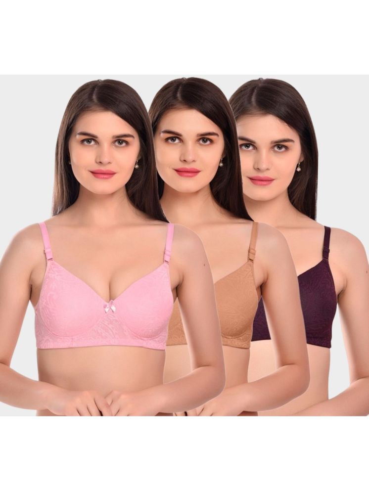     			Softskin Pack of 3 Nylon Heavily Padded Women's T-Shirt Bra ( Multicolor ) Women_Nylon_Padded_Non_Wired_Selfdesign_T_Shirt_Bra