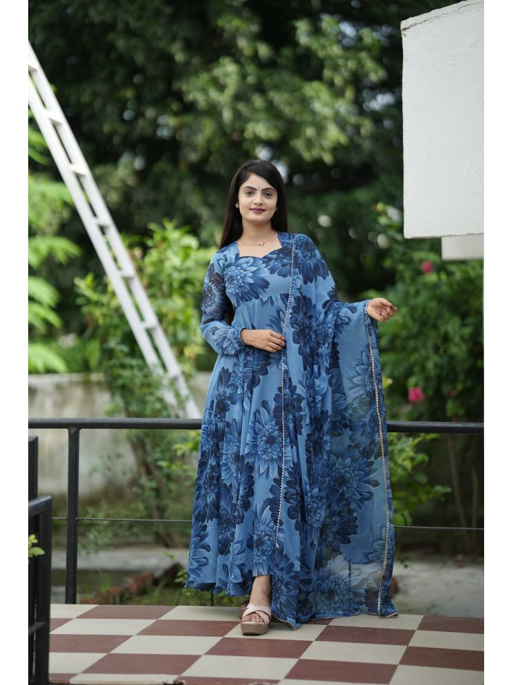     			A TO Z CART Navy Blue Flared Georgette Women's Stitched Ethnic Gown ( Pack of 1 )