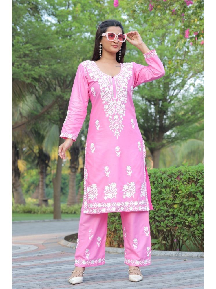     			A TO Z CART Rayon Embroidered Kurti With Palazzo Women's Stitched Salwar Suit - Pink ( Pack of 1 )