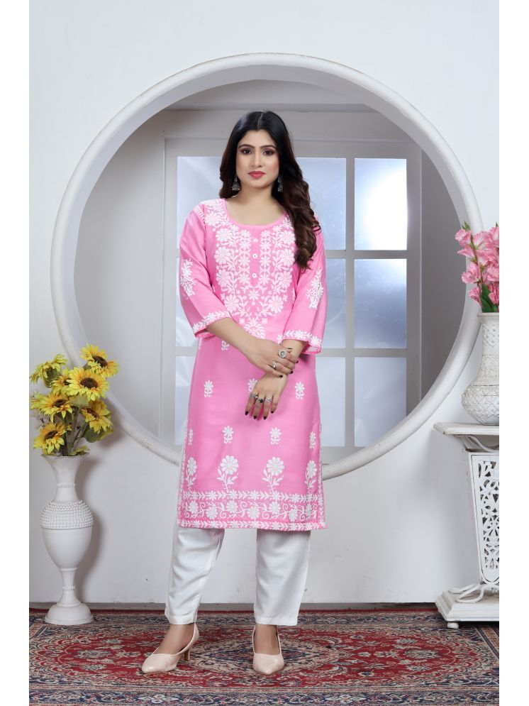     			Aika Rayon Embroidered Kurti With Palazzo Women's Stitched Salwar Suit - Pink ( Pack of 1 )