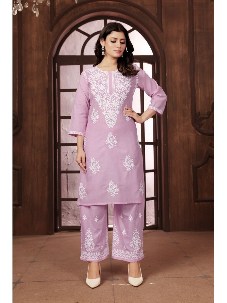     			JULEE Cotton Embroidered Kurti With Palazzo Women's Stitched Salwar Suit - Pink ( Pack of 1 )