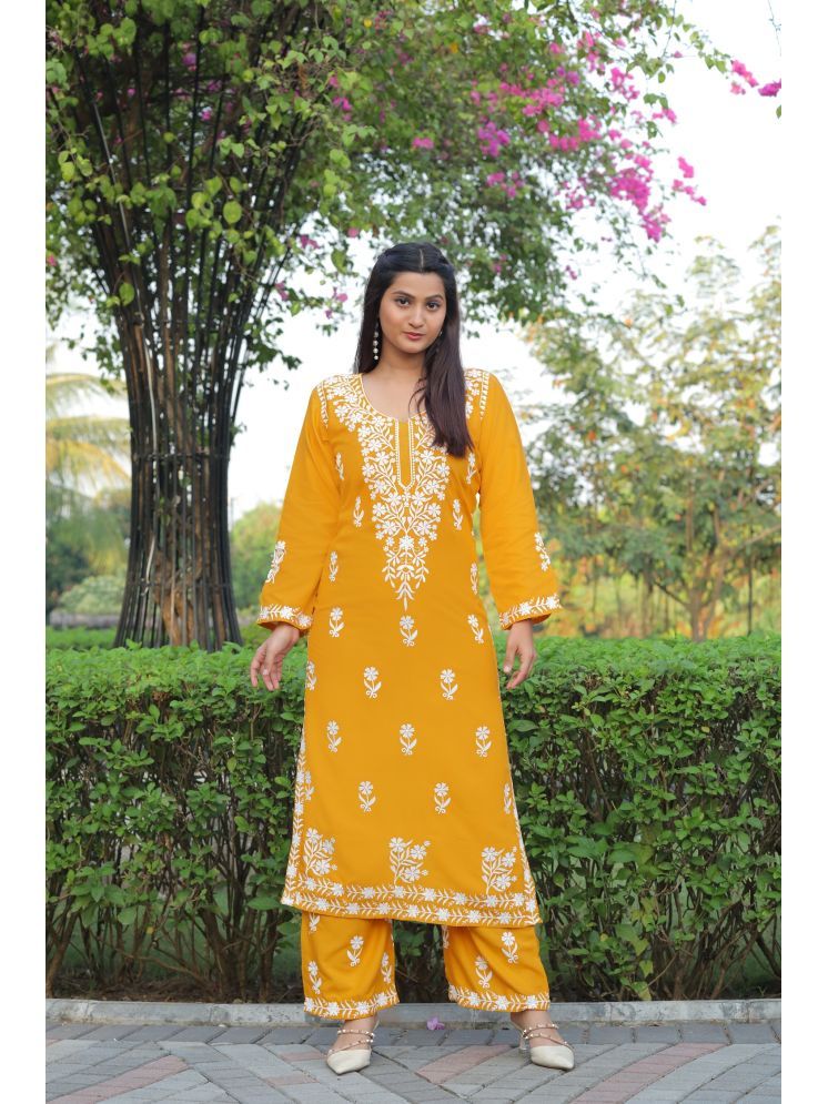     			Lady Shopi Rayon Embroidered Kurti With Palazzo Women's Stitched Salwar Suit - Yellow ( Pack of 1 )