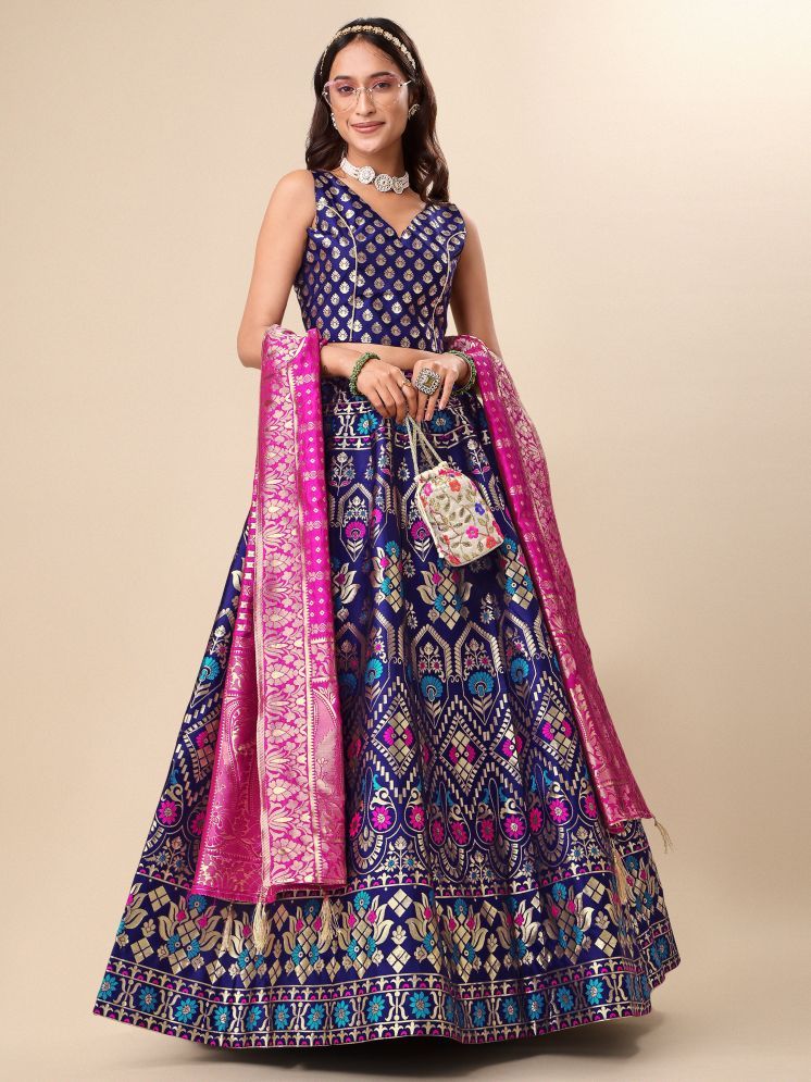     			PURVAJA Blue Jacquard Circular Semi Stitched Lehenga Single