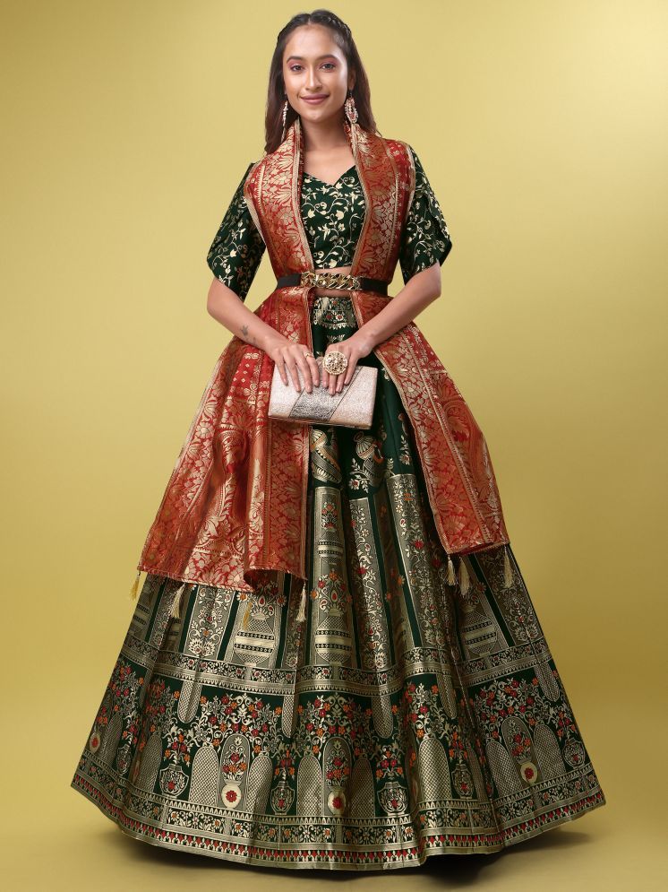     			PURVAJA Green Jacquard Circular Semi Stitched Lehenga Single