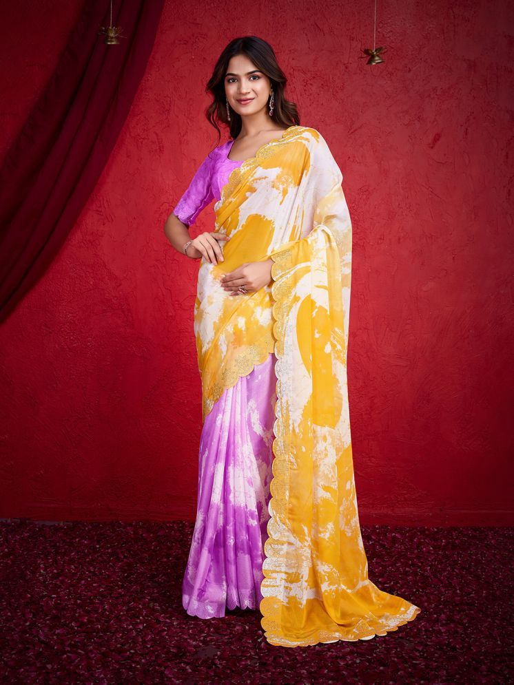     			Rekha Maniyar Chiffon Printed Saree With Blouse Piece - Yellow ( Pack of 1 )