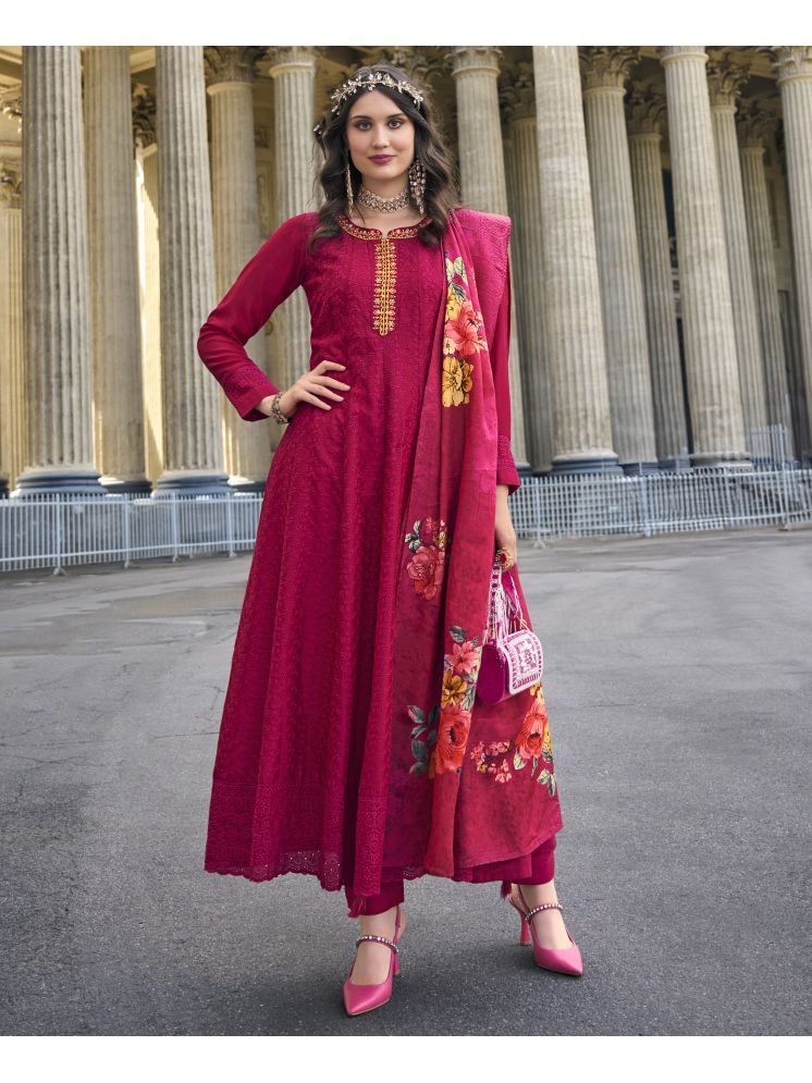     			MOJILAA Silk Embroidered Kurti With Pants Women's Stitched Salwar Suit - Magenta ( Pack of 1 )