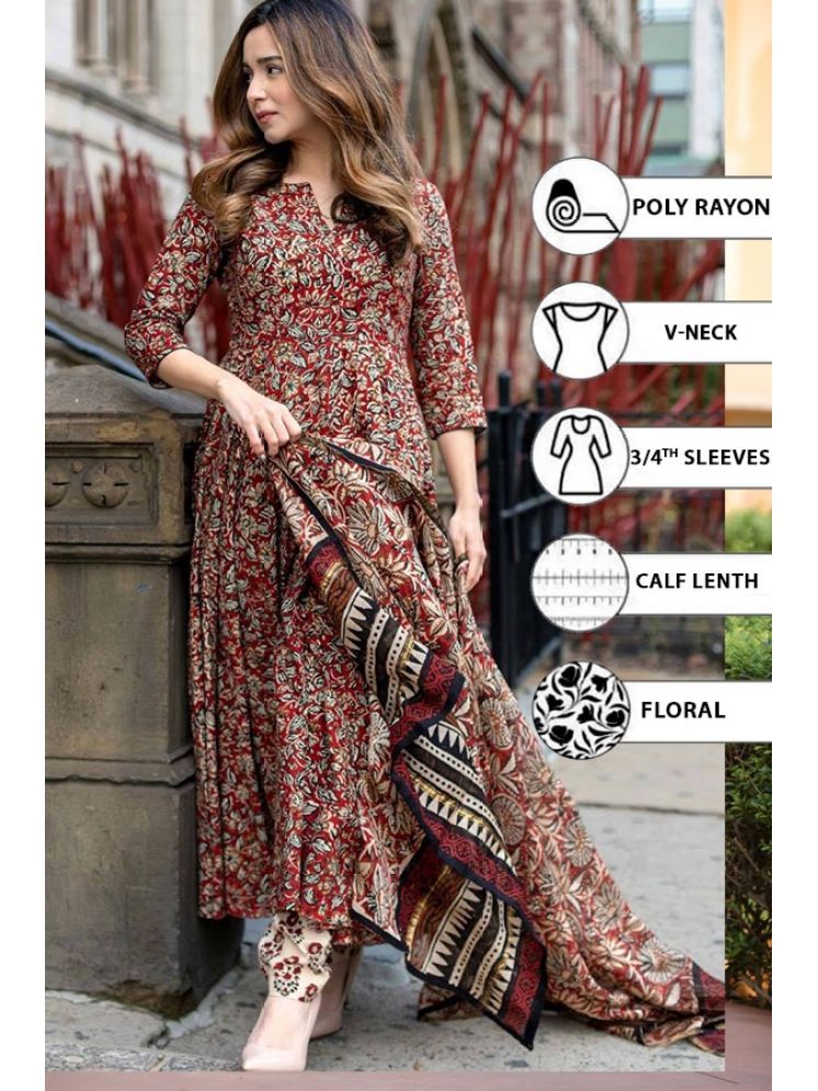     			THE FAB FACTORY Rayon Printed Kurti With Pants Women's Stitched Salwar Suit - Maroon ( Pack of 1 )