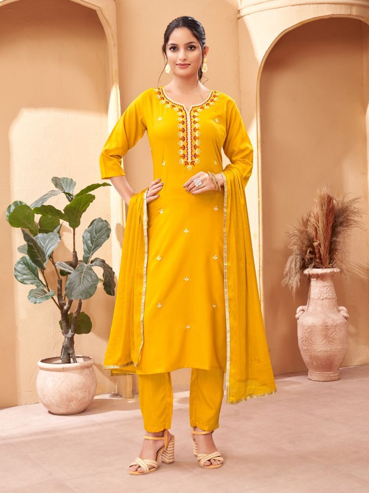     			Vividvibe Rayon Embroidered Kurti With Pants Women's Stitched Salwar Suit - Yellow ( Pack of 1 )