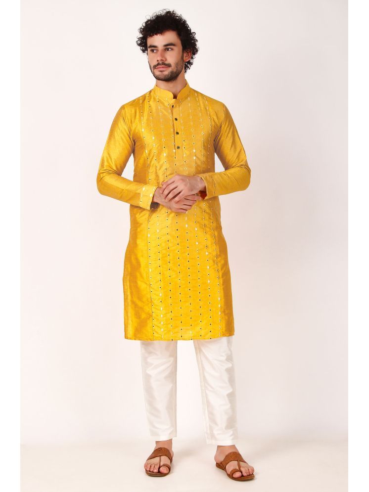     			koshin Yellow Silk Regular Fit Men's Kurta Pyjama Set ( Pack of 1 )