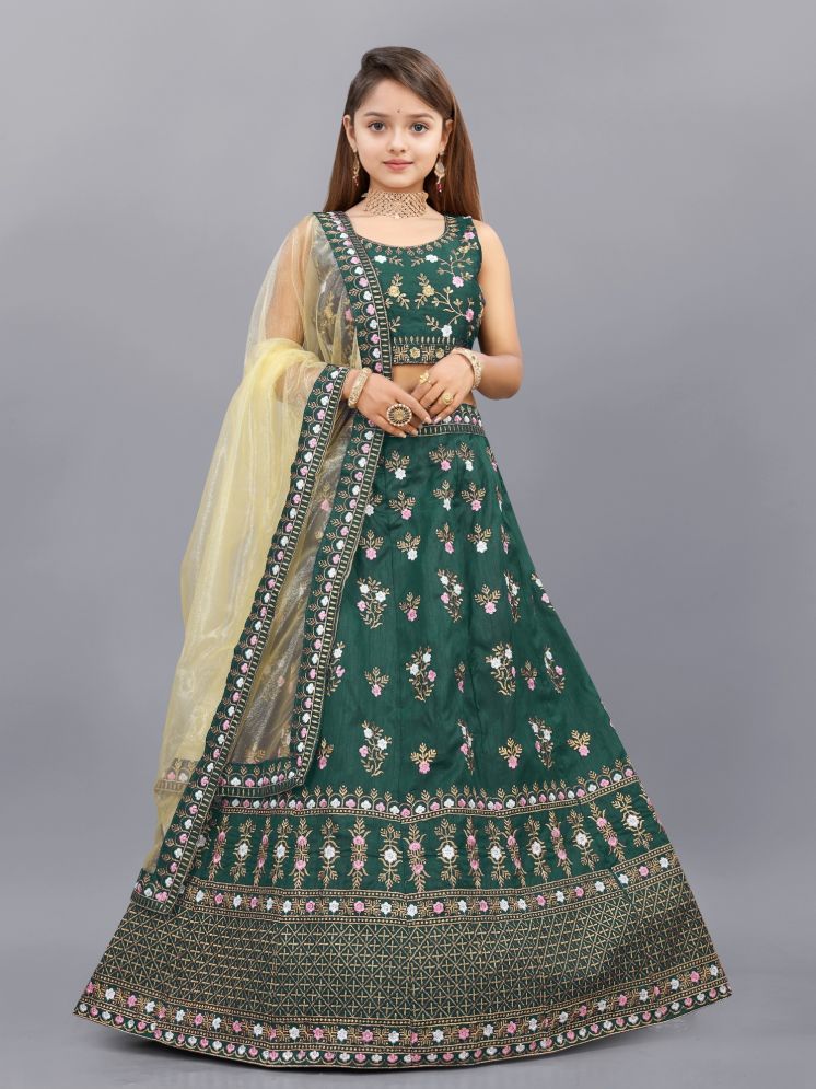     			Lady Shopi Green Silk Girls Lehenga Choli Set ( Pack of 1 )